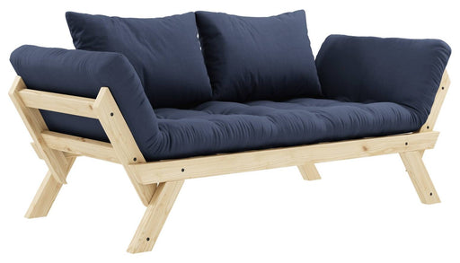 Schlafsofa BEBOP Sofa Kiefer natur lackiert abklappbar in Gesamtansicht mit dunkelblauem Polster und klappbaren Armlehnen.
