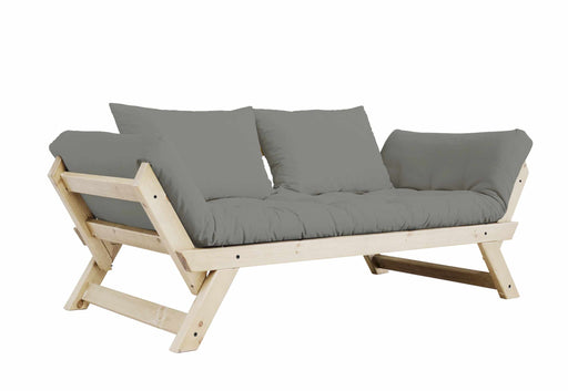 Schlafsofa BEBOP mit Kiefer-Holzgestell und grauem Polster in Gesamtansicht von vorne.
