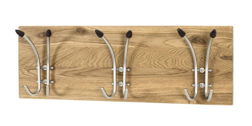 Garderobe Wandgarderobe TORINO 3 Eiche geölt mit sechs Edelstahl-Haken in Gesamtansicht von vorne.
