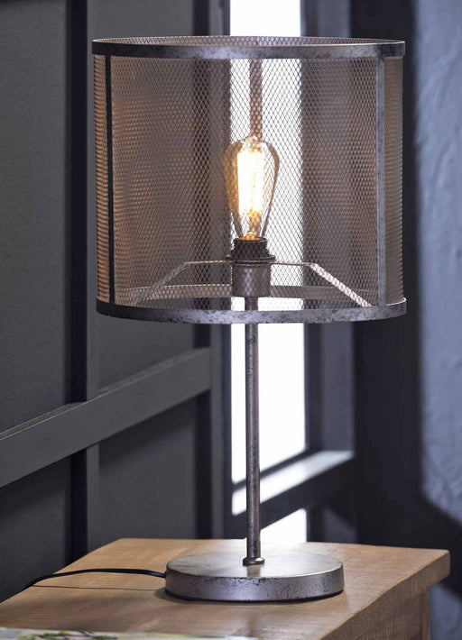 Tischleuchte ROND Silber Antik Look mit Metallgeflecht-Lampenschirm und sichtbarem Glühfaden, Gesamtansicht.