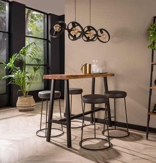 Bartisch JOHAN 125 x 46 cm mit Akazie-Massivholzplatte und schwarzem Metallgestell, Gesamtansicht in Essbereich.