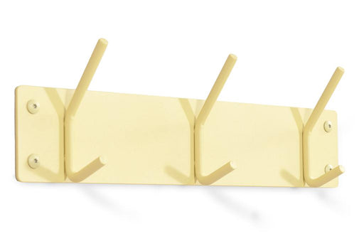 Design Garderobe FUSION 3 in Butter Yellow mit drei runden Haken und Stahlgestell in Gesamtansicht.