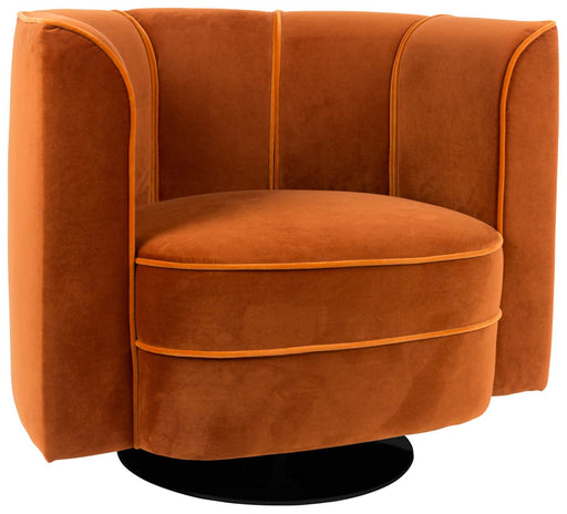 Lounge Sessel FLOWER ORANGE mit orangefarbenem Samtbezug und geschwungenen Armlehnen in Gesamtansicht.