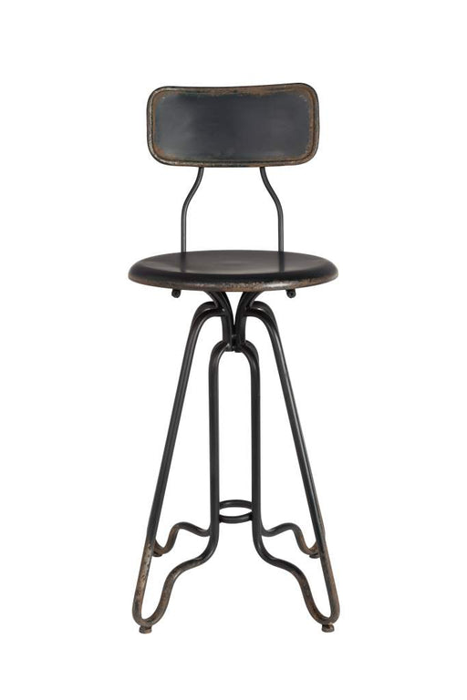 Vintage Barhocker OVID BLACK mit schwarzer Sitzfläche, gebogenem Metallgestell und rechteckiger Rückenlehne in Gesamtansicht.