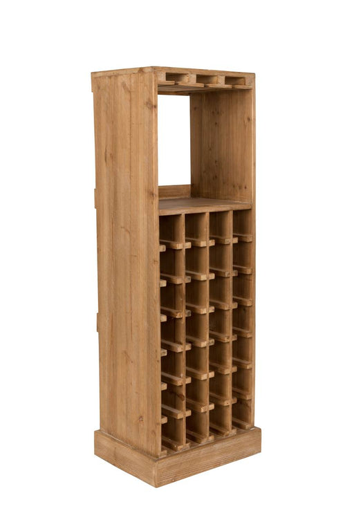 Weinschrank CLAUDE aus Kiefernholz mit Weinflaschenregal und offener Nische in Gesamtansicht.