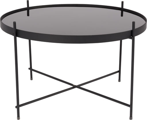 Runder Beistelltisch CUPID LARGE mit schwarzem Metallgestell und grauer Spiegelglasplatte, Gesamtansicht.
