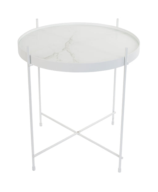 Beistelltisch CUPID MARBLE WHITE mit weißer Marmorplatte und Metallgestell in X-Form, Gesamtansicht.