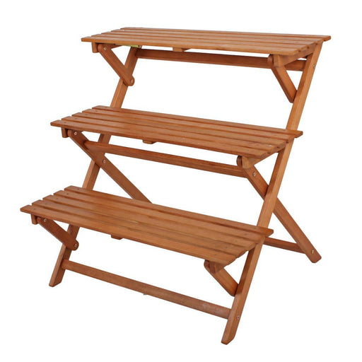 Gesamtansicht des Pflanzregal Blumenregal Pflanztreppe aus Eukalyptus mit drei Ebenen und X-förmigen Seitenstreben.