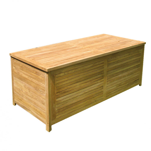 Auflagenbox Kissenbox aus Teak in Gesamtansicht mit horizontaler Lamellenbeplankung und massiver Holzdeckel.