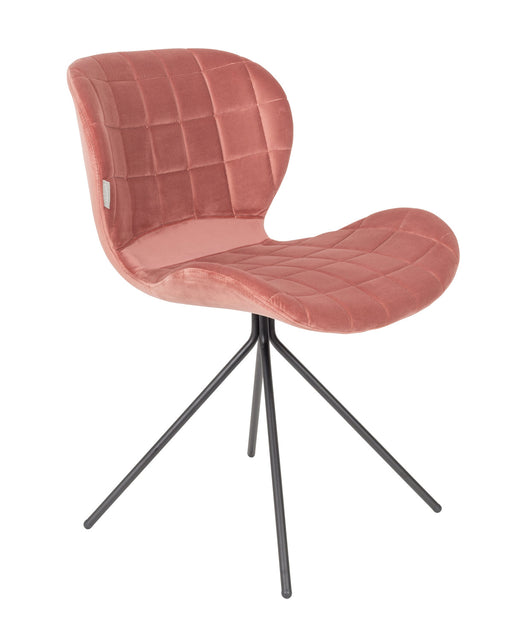 Esszimmerstuhl OMG VELVET in Rosa mit gestepptem Samtbezug und schwarzem Metall-Dreibeinfuß, Gesamtansicht.