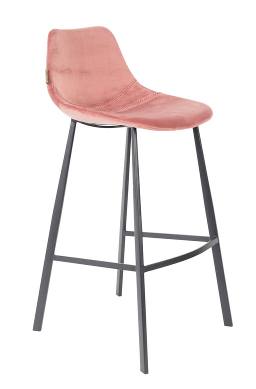 Barhocker FRANKY VELVET mit rosafarbenem Samtbezug und schwarzem Metallgestell, Gesamtansicht.