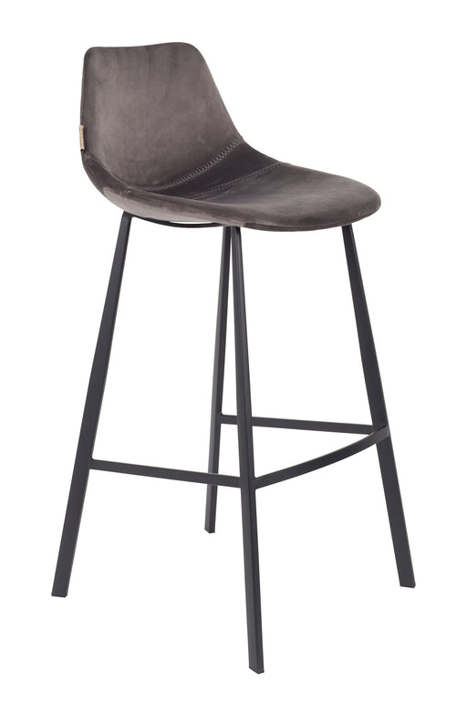 Barhocker FRANKY VELVET mit grauem Samtstoffbezug und schwarzem Stahlgestell in Gesamtansicht.