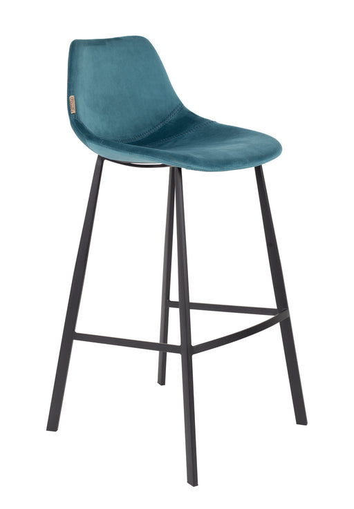 Barhocker FRANKY VELVET mit petrolblauem Samtbezug und schwarzem Stahlgestell, Gesamtansicht.