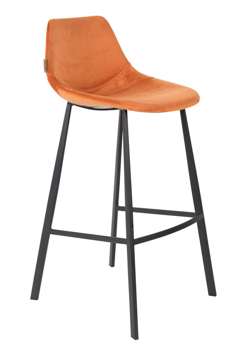 Barhocker FRANKY VELVET Samt Orange mit orangefarbener Samtsitzfläche und schwarzem Metallgestell, Gesamtansicht.