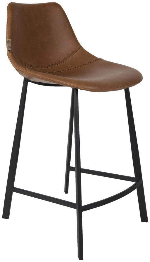 Tresenhocker FRANKY in Vintage-Braun mit gewölbter Kunstlederschale und schwarzem Stahlgestell, Gesamtansicht.