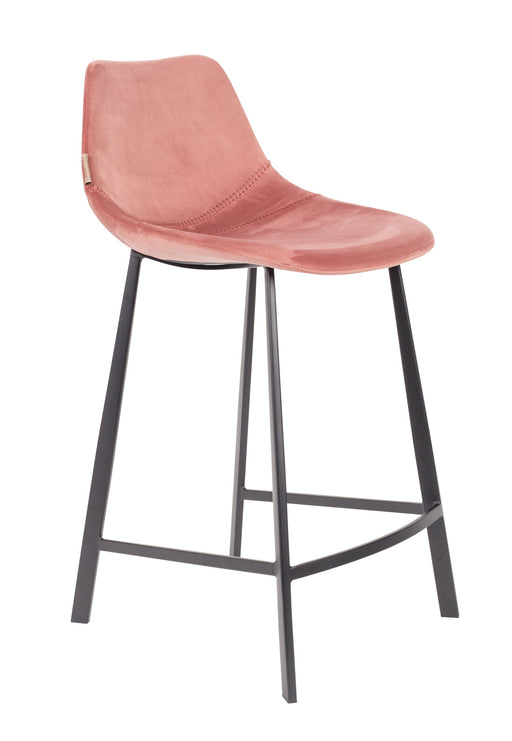Tresenhocker FRANKY VELVET in Samtvelours Rosa mit schwarzem Metallgestell, Gesamtansicht.