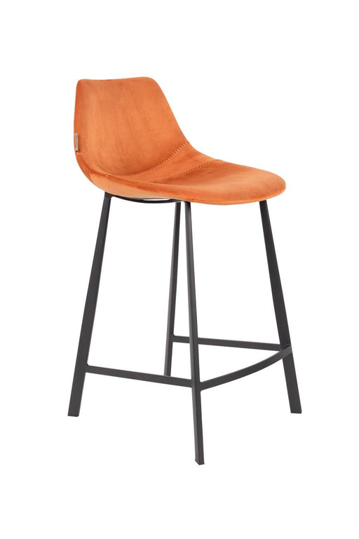 Tresenhocker FRANKY VELVET in Gesamtansicht mit orangefarbener Samtpolsterung und schwarzem Metallgestell.