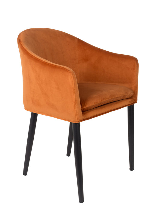 Esszimmerstuhl CATELYN Samtlook Orange in Gesamtansicht mit orangefarbenem Samtbezug und schwarzen Stahlbeinen.
