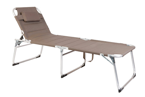XXL Sonnenliege Dreibeinliege Taupe mit verstellbarem Kopfteil und Aluminium-Gestell, Gesamtansicht.