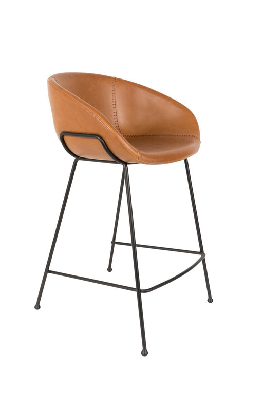 Tresenhocker FESTON BROWN mit rundem Sitz aus Polyurethan in Braun und schwarzem Metallgestell, Gesamtansicht.
