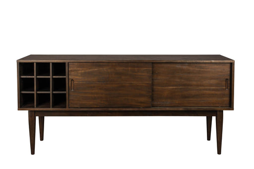 Sideboard Lowboard GABOR in Akazie mit offenem Fachregal links und zwei Schiebetüren rechts, auf angewinkelten Beinen.