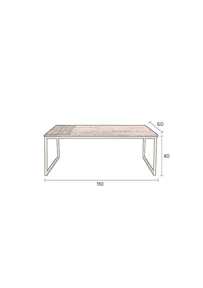 Technische Zeichnung des Couchtisch RANDI von oben mit Maßangaben, geriffelter Mangoholz-Platte und Metallgestell.