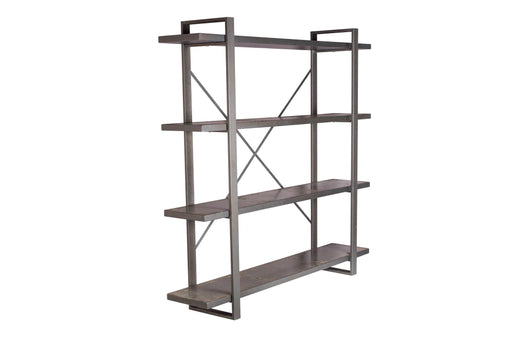 Bücherregal MORGAN mit vier dunklen Holzregalen, Metallrahmen und diagonalen Querstreben in Gesamtansicht.
