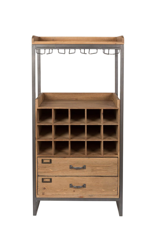 Weinschrank Weinregal EDGAR im Vintage Style mit Tannenholz-Korpus und grauem Metallrahmen, Gesamtansicht.