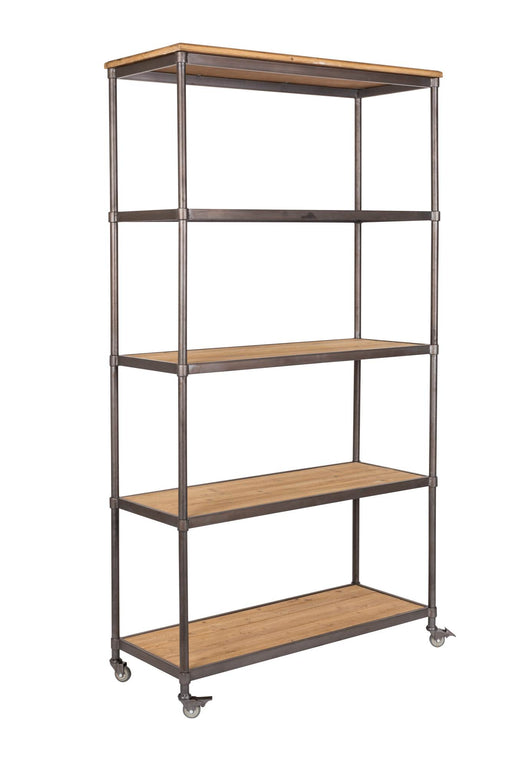 Bücherregal SIMON mit Rollen in Gesamtansicht, fünf Holzablagen auf Metallgestell mit Industriedesign.