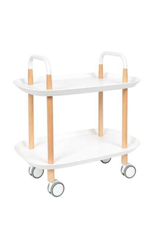 Beistelltisch TROLLEY CRUISER WHITE mit zwei weißen Ablagen, vier Holzbeinen und Rollen in Gesamtansicht.