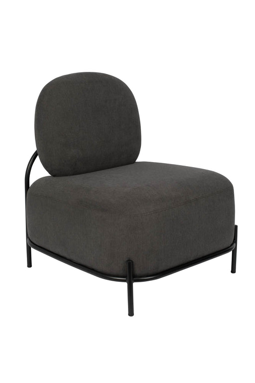 Lounge Sessel POLLY GREY in Gesamtansicht mit gerundeter Rückenlehne und schwarzem Metallgestell.