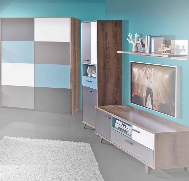 Regal Schrank RAVEN 2 Türen Optik Schlammeiche mit Weiß Grün Grau