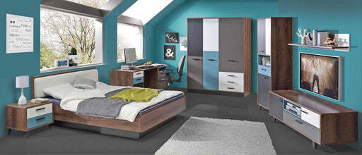 Jugendzimmer RAVEN Komplettset 7-teilig Schlammeiche Weiß Grün Grau, Gesamtansicht mit Bett, Kleiderschrank und Medienmöbeln.