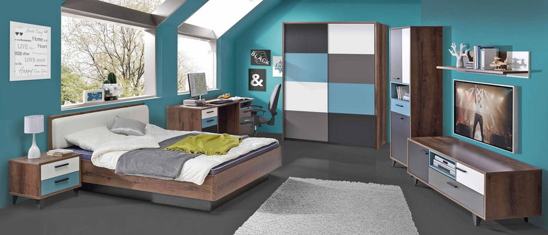 Jugendzimmer RAVEN mit Schwebetürenschrank Schlammeiche Weiß Grün Grau
