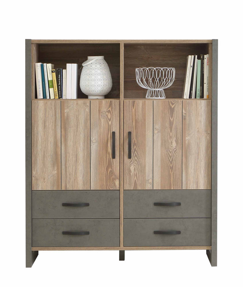 Highboard NOTE 2 Türen 4 Schubladen Optik Picea Kiefer und Betonoptik