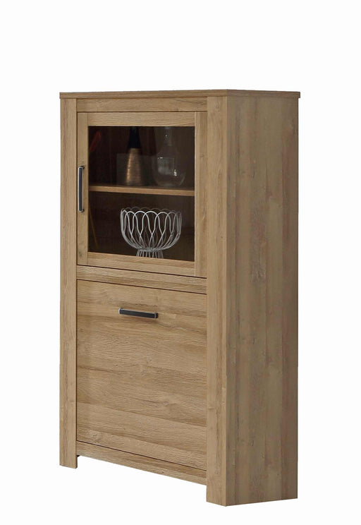 Highboard Vitrine HAVANNA in Alteiche-Optik mit Glastür oben und geschlossener Schublade unten, Gesamtansicht von vorn.