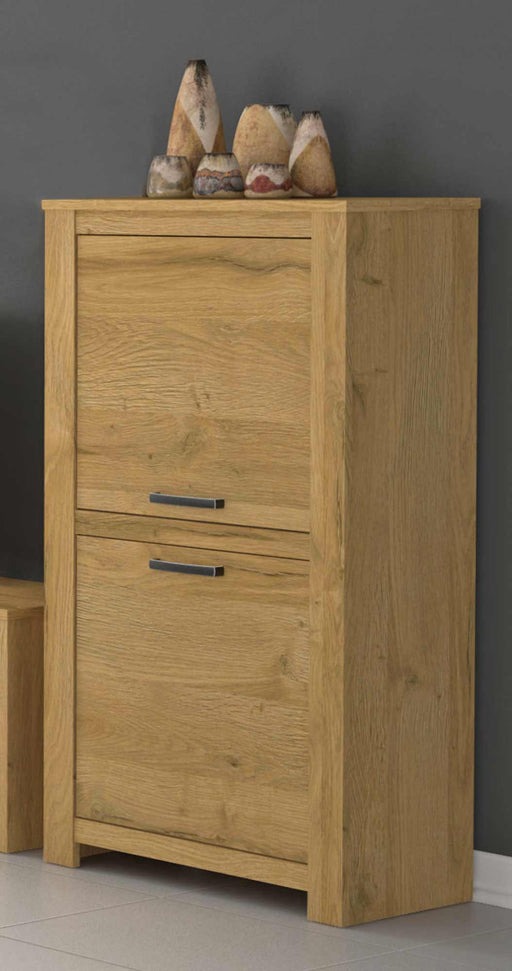 Highboard HAVANNA 2 Türen Optik Alteiche in Gesamtansicht mit geschlossenen Türen und schwarzen Griffen.