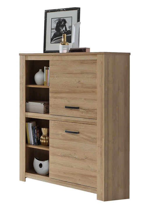 Highboard HAVANNA in Alteiche-Optik mit offenen Fächern auf der linken Seite und zwei Schubladen rechts, Gesamtansicht.