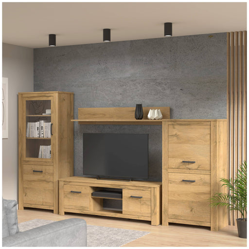 Wohnzimmerschrank HAVANNA Alt-Eiche in Gesamtansicht mit TV-Lowboard, Regal und seitlichen Schränken.