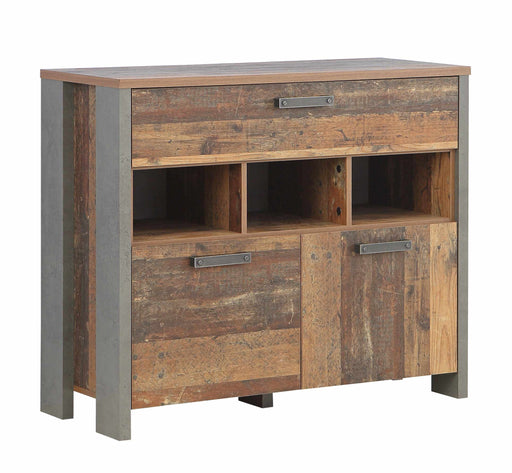 Kommode CLIF mit Old Wood Vintage Holzfront, drei offenen Fächern und zwei Türen in Gesamtansicht.