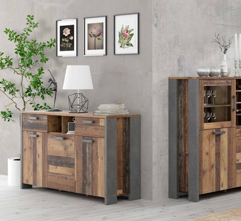 Sideboard CLIF 3 Türen 2 Schubladen Optik Old Wood Vintage von Forte