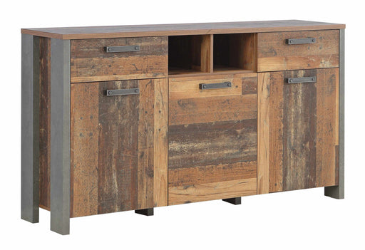 Sideboard CLIF mit drei Türen und zwei Schubladen in Old Wood Vintage Optik, Gesamtansicht von vorne.