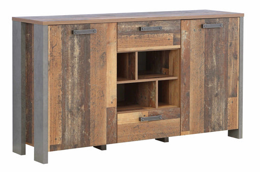 Sideboard Kommode CLIF Gesamtansicht mit zwei geöffneten Türen, Old Wood Vintage und dunkelgrauer Betonoptik.