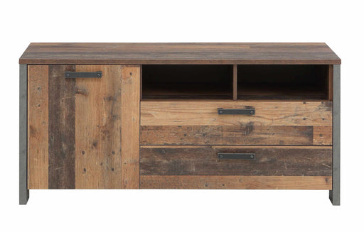 Lowboard TV-Kommode CLIF 142 cm in Old Wood Vintage mit dunkelgrauer Betonoptik, Gesamtansicht von vorn.