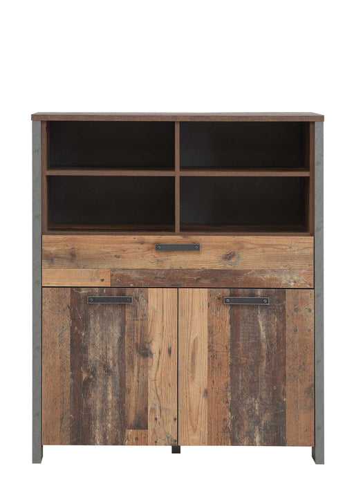 Highboard CLIF mit zwei Holztüren, Schublade und offenen Oberregalen in Old Wood Vintage und dunkelgrau, Gesamtansicht.