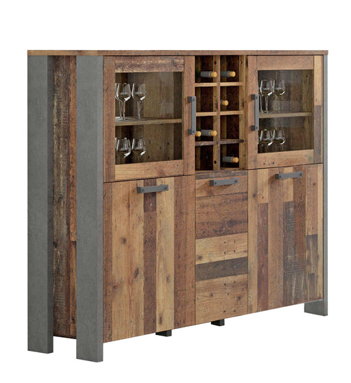 Highboard Vitrine CLIF 5-trg. in Old Wood Vintage mit Glastüren, offenem Weinregal und Betonoptik-Elementen, Gesamtansicht.