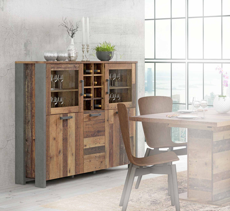 Highboard Vitrine CLIF 5-trg. Optik Old Wood Vintage von Forte