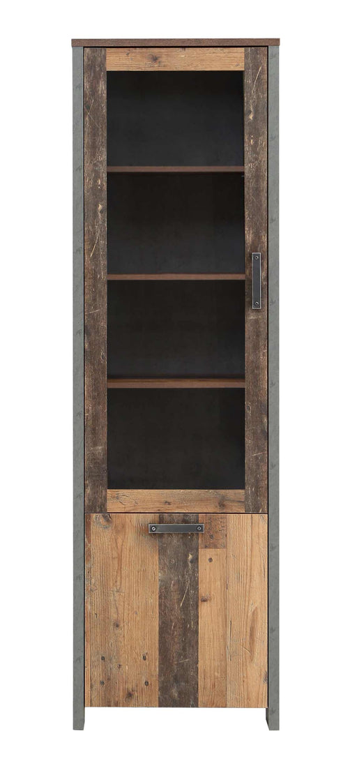 Vitrine CLIF 2-trg. mit Glasvitrine oben und Schrankteil unten, Old Wood Vintage Front und Betonoptik-Seitenflächen.
