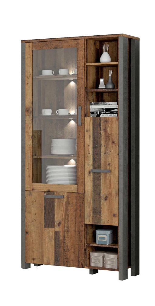 Vitrinenschrank CLIF 3-trg. mit Glastür und Old Wood Vintage Holzfronten, flankiert von offenen Fächern in Betonoptik.