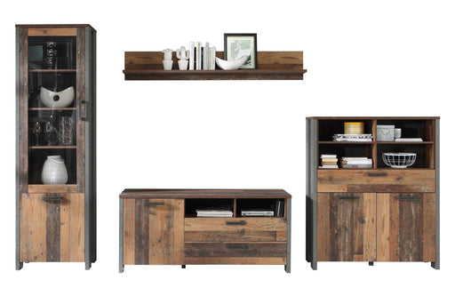 Vierteilige Wohnwand CLIF in Old Wood Vintage und Betonoptik mit Vitrinenschrank, TV-Board, Highboard und Wandregal, Gesamtansicht.